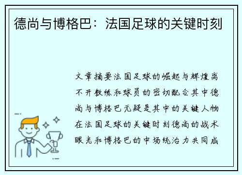 德尚与博格巴：法国足球的关键时刻