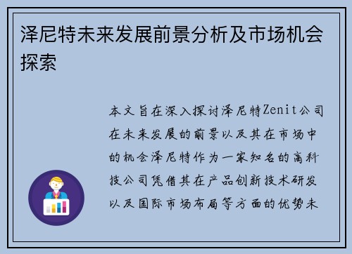 泽尼特未来发展前景分析及市场机会探索