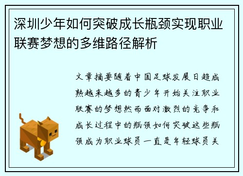 深圳少年如何突破成长瓶颈实现职业联赛梦想的多维路径解析 深圳少年如何突破成长瓶颈实现职业联赛梦想的多维路径解析